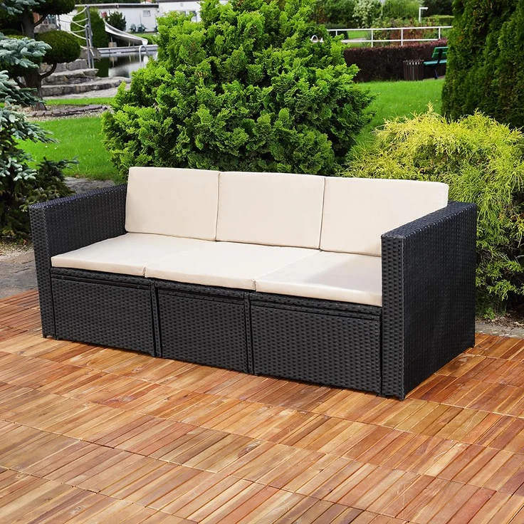 Rattanmöbel schwarz Sitzgruppe Poly Rattan Sofa und 2 Hocker Lounge – Bild 3