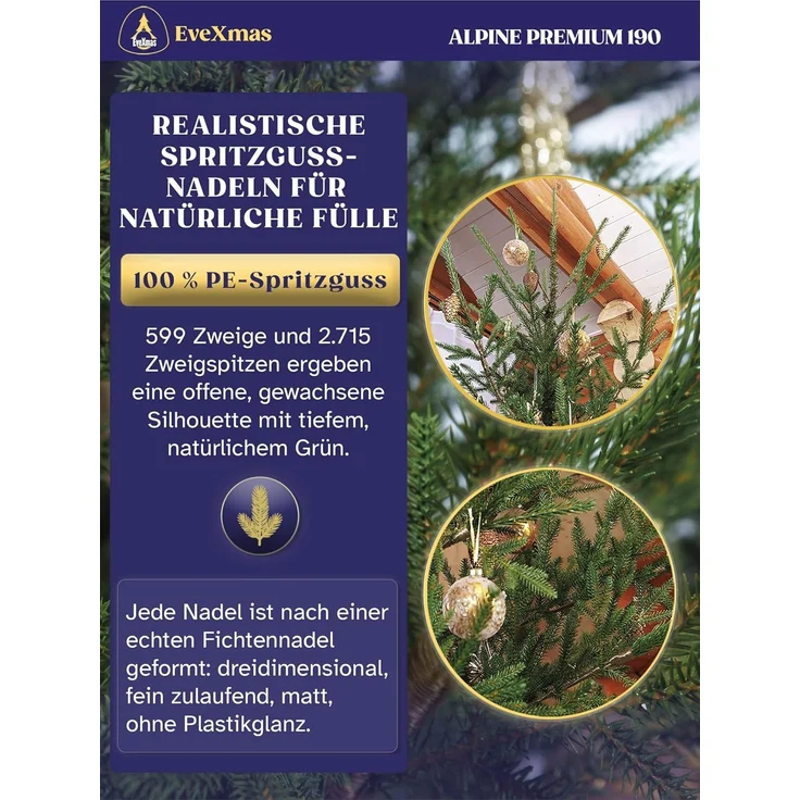 EveXmas Alpine Künstlicher Weihnachtsbaum Grün 190 cm – 599 Astspitzen, inkl. klappbarem Metallständer – Bild 3