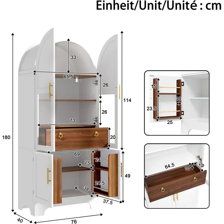 Vitrine 76 x 40 x 180 cm aus MDF und Spanplatte, mit Bogenfront, Glas und LED-Beleuchtung – Bild 5