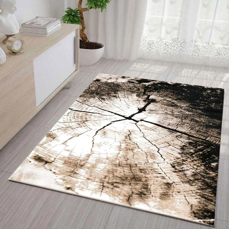 Vimoda Teppich Teppich Wohnzimmer Beige mit Baumstumpf Holz Optik dicht, Rechteckig, Höhe: 11 mm, Moderner Wohnzimmer Lounge Läufer Braun – Bild 2