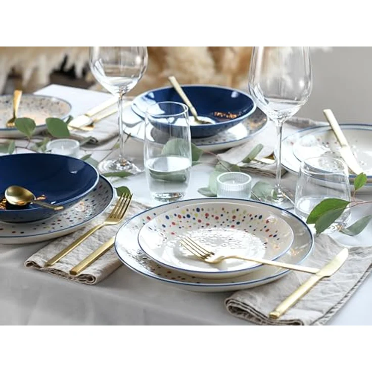 Creatable Tafelservice Joy, 12-teilig, handbemalt, lebensmittelecht, stapelbar, Blau-bunt, Punkte, Keramik – Bild 2
