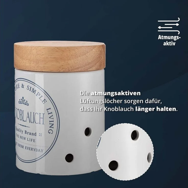 KHG Knoblauchtopf Keramik Steingut für 250g Knoblauchknollen, Knoblauch Aufbewahrung in Weiß, Holzdeckel Bambus, glasiert mit Emaille, Knoblauchdose rund, Lüftungslöcher, Landhaus Küche – Bild 3