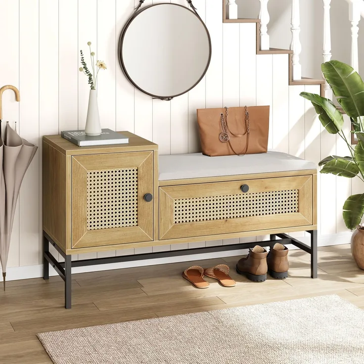 GarveeHome Schuhbank mit Rattan-Schubladen und Stauraum, Gepolsterte Bank mit Leinenkissen, Freistehende Aufbewahrungsbank, für Flur und Wohnzimmer, 100 x 38 x 46 cm, Holzfarbe