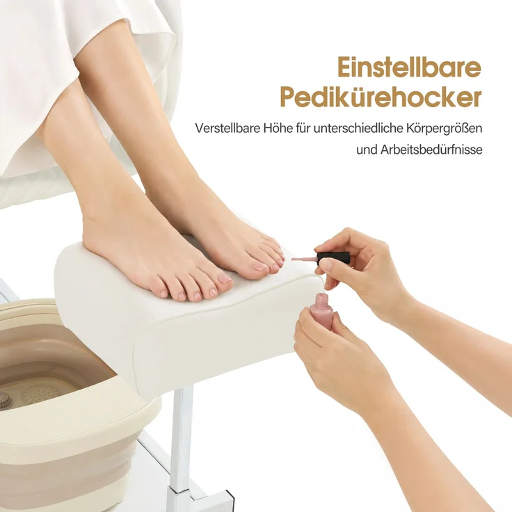 BarberPub Pediküre Stuhl mit Fußbadewanne & Pediküre Hocker, Friseurstuhl Höhenverstellbar & Kippbar, Rückenlehne & Kopfstütze Ausziehbar, Fußpflegestuhl für Nagelstudio F0380 (Weiß) – Bild 7