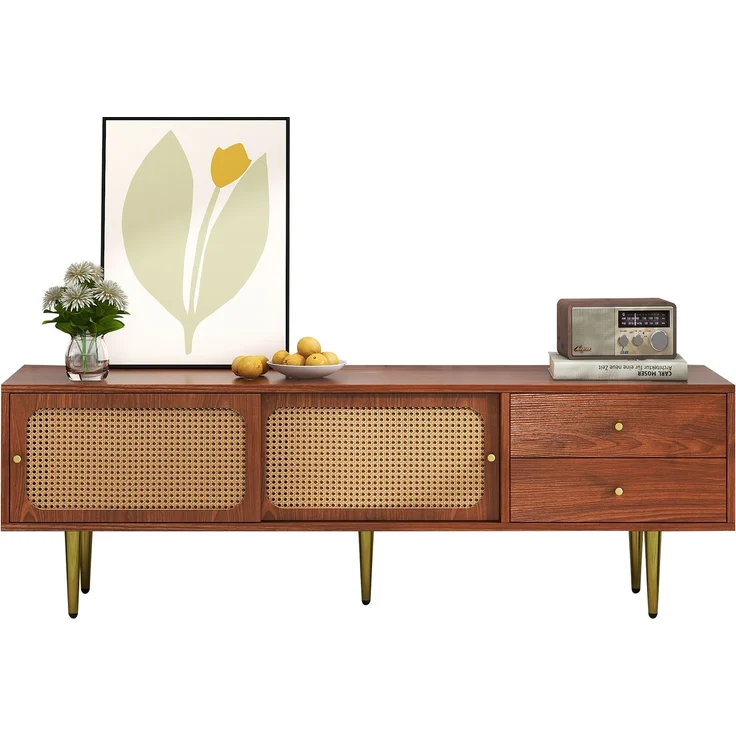 TV-Schrank, 160x40x60 cm, Walnuss-TV-Schrank mit Rattan-Schiebetüren, 2 Schubladen & Metallfüßen – Bild 9