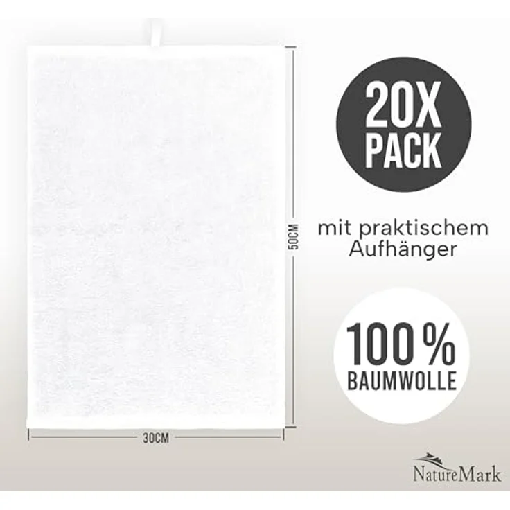 NatureMark Gästetücher – 20er Pack (30x50 cm), 100% Baumwolle, Oeko-TEX Zertifiziert, weich, saugfähig und pflegeleicht – Für Bad, Gäste & Spa – Weiß – Bild 4