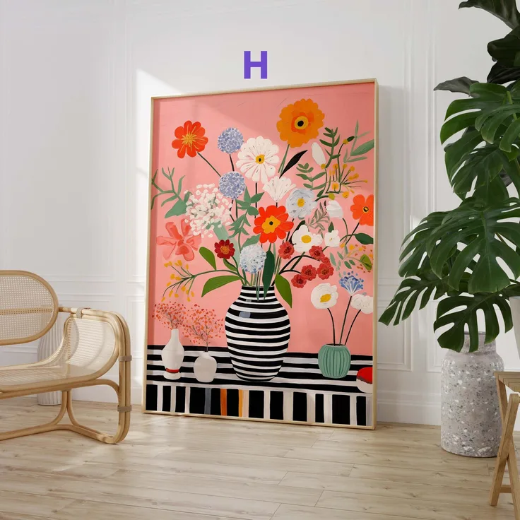 Blumen Poster · Geschenkidee · Farbenfrohe Blumenvasen und Künstlerische Floralkunst im Modernen Stil · Dekoprint ohne Rahmen - H / 10 x 15 cm