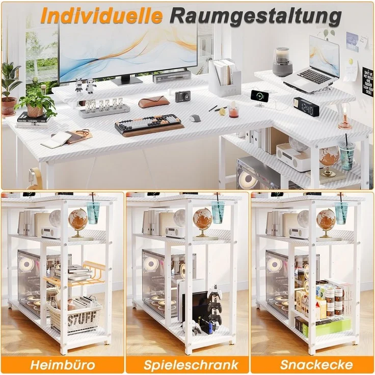 Furnicopia Eckschreibtisch L-förmiger Gaming-Schreibtisch mit Stauraum, Steckdosen und LED (120/140 cm großer Schreibtisch mit zwei Monitorhalterungen, zwei Ablagen, einer verstellbaren Ablage, einem Becherhalter und einem Kopfhörerhalter) – Bild 3