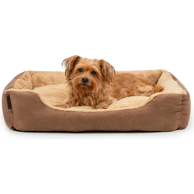 lionto Hundebett mit Wendekissen und Rutschfester Unterseite, Robustes Heimtierkissen mit tiefem Einstieg für Hunde und Katzen jeden Alters, 75x60 cm, kuscheliges Hundekissen, braun/beige