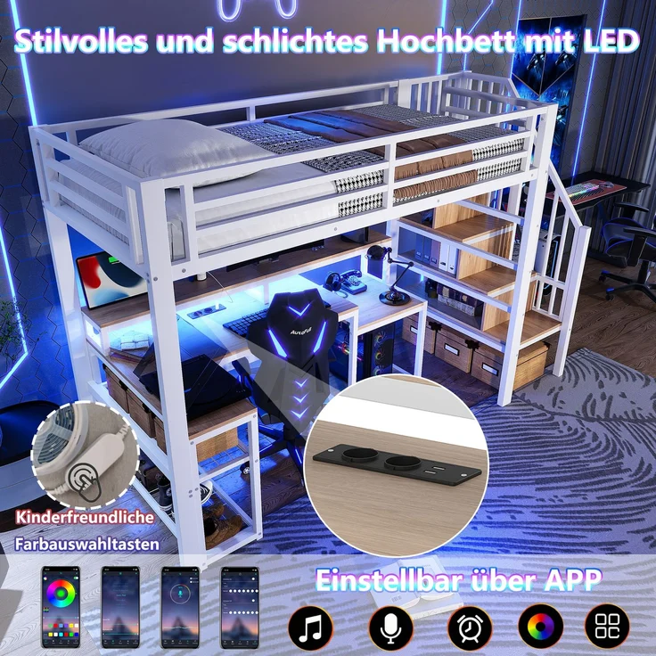 EINHOM Hochbett, 90 x 200 cm, Eisenrahmen, Ablagefach, Treppenkonstruktionen mit Stauraum, Sicherheitsgeländer, mit LED-Lichtleiste, Schreibtisch, mit USB-Anschluss, Weiß (Ohne Matratze) – Bild 4