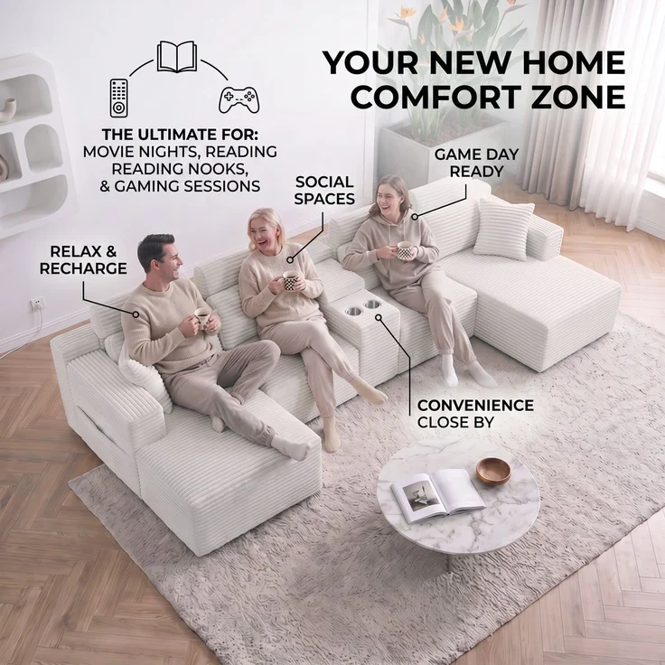 ZUBALIYA Boneless Compression Sofa, U-förmiges modulares Sofa mit integrierten Becherhaltern, Off-Weiß, 372 x 151 x 80 cm – Bild 10