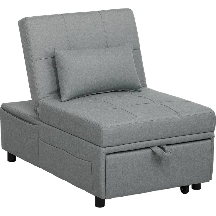 3-in-1 Klappsessel mit Seitentasche, Gästebett mit Kissen, verstellbarer Rückenlehne, Bettsessel mit Rollen, Hellgrau--Hellgrau--104x65.5x81cm--YOUDENOVA