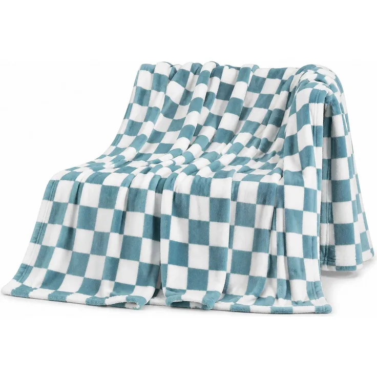 Flanell-Kuscheldecke mit Schachbrettmuster für Sofa und Bett Blau-Weiß, für Bett, Haushalt, 264x228 cm