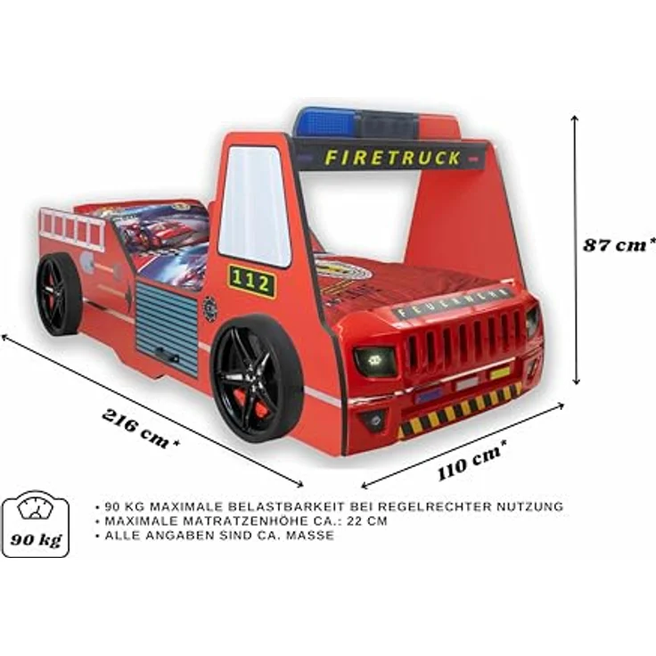 Autobett Kinderbett 90x200 Feuerwehrbett "Rio Firetruck" Hochglanz mit LED Leuchte Rot – Bild 4