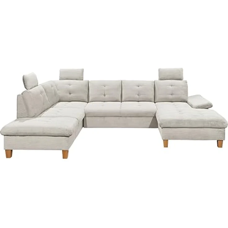 Wohnlandschaft Ascot mit Cord-Bezug und Schlaffunktion in Creme, U-Form inkl. Kopfstützen, Bettkasten und Verstellbarer Armlehne - 324 x 107 x 218 cm (B/H/T) – Bild 3