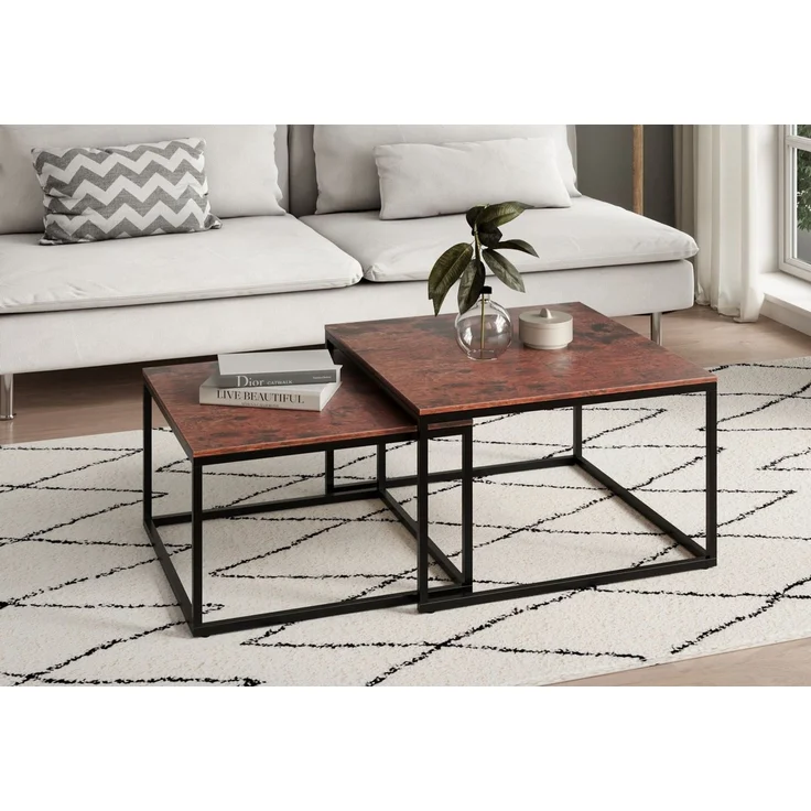 Home Collective Couchtisch Kleiner 2er Set aus Holz, Wohnzimmertisch Modern (Beistelltisch Set 2 in 1 mit Metallgestell, Büro Beistelltisch Loft Design TWIN, kratzfeste Oberfläche, Set 2 in 1), Quadratisch in Eiche dunkel, für Wohnzimmer – Bild 5