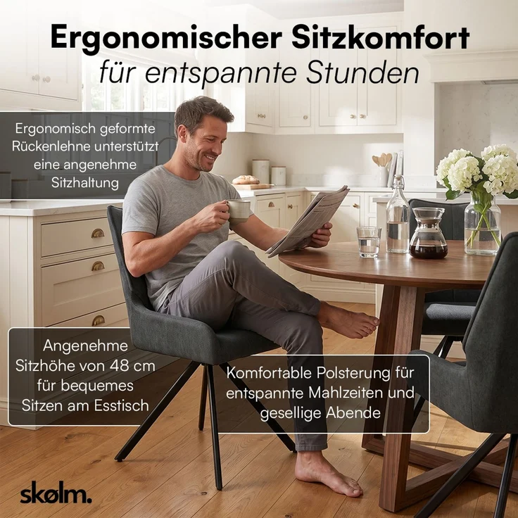 skølm 'Freyja' Esszimmerstühle, 6er Set, anthrazit, gepolsterter Leinenbezug, höhenverstellbar & drehbar, Polsterstühle mit Armlehnen – Bild 6