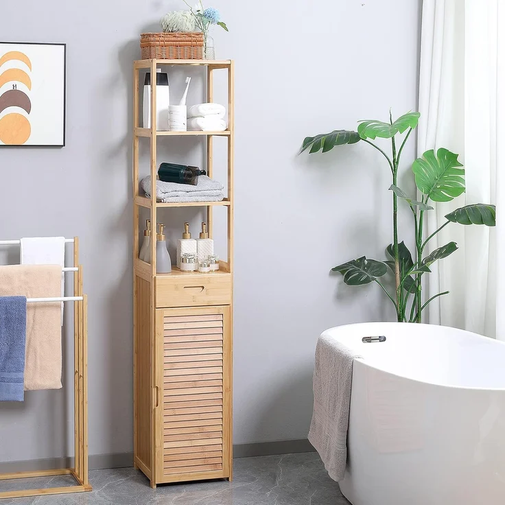 Kleankin Badkommode aus Bambus, mit Schublade, drei Ablagen, offenes Fach (Badezimmerschrank, 1 St, Badezimmermöbel), für Badezimmer, 32 x 30 x 163 cm Naturholz – Bild 2