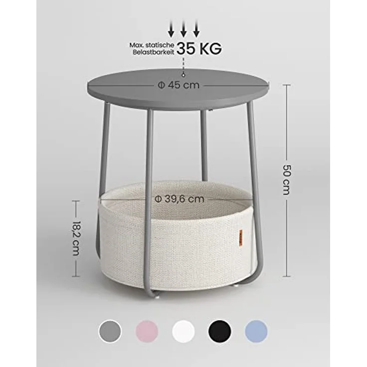 VASAGLE Beistelltisch rund, Kleiner Tisch, Couchtisch klein, Wohnzimmertisch, Korb aus Stoff, Stauraum für Wohnzimmer Schlafzimmer, Nachttisch modern, zementgrau-cremeweiß LET223G49 – Bild 3