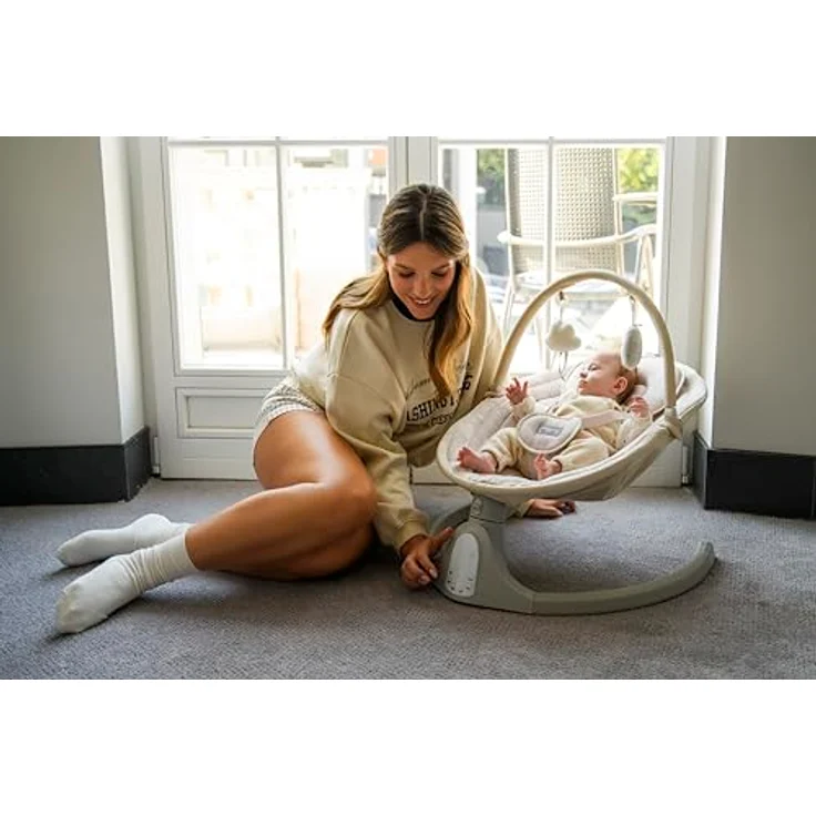 MoMi KENANI SAND Babywippe für Babys bis 9 kg, mit LED-Display, Fernbedienung & Bluetooth für Smartphone, Batterie- oder Stromanschluss, mit 5-Punkt-Sicherheitsgurt, Bügel und Spielzeug – Bild 13
