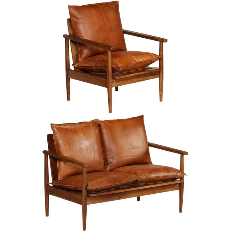 vidaXL 2-tlg. Sofagarnitur Braun Echtleder und Massivholz Akazie 3100743