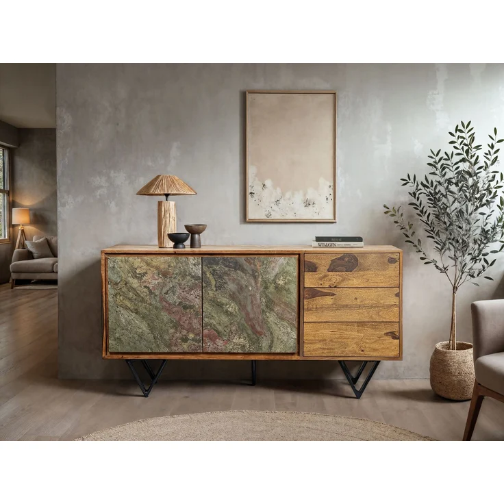 FineBuy Sideboard 175 x 71 x 40 cm Sheesham Massivholz Kommode mit Steinoptik Weiß, Hoher Kommodenschrank Modern, Standschrank mit 2 Türen und 3 Schubladen, Anrichte Wohnzimmer – Bild 2