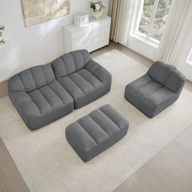 EINHOM 3-Sitzer L-förmiges Modulares Sofa mit 1 Ottoman, Boneless Sofa aus 32D Hochdichtschaum, tiefe Sitzfläche, ideal für Wohnzimmer, weicher Stoff, Grau – Bild 5