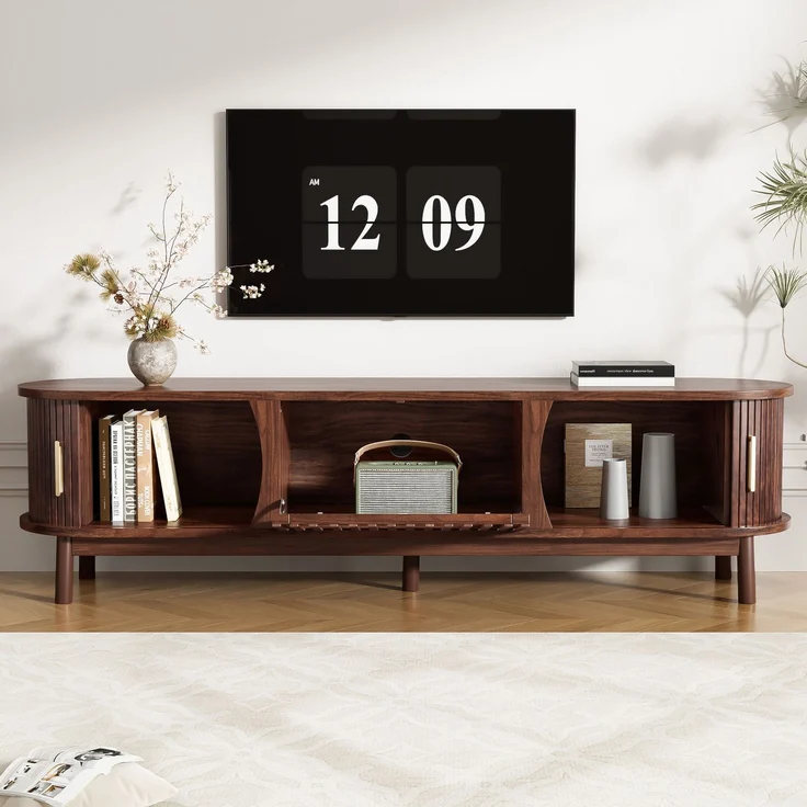 Merax 165cm brauner Lowboard-TV-Schrank, flacher brauner TV-Schrank mit Schiebetür, mit nach unten klappbarer Hohlschranktür, passend für TV-Ständer bis zu 65 Zoll, mit Stützbeinen – Bild 2
