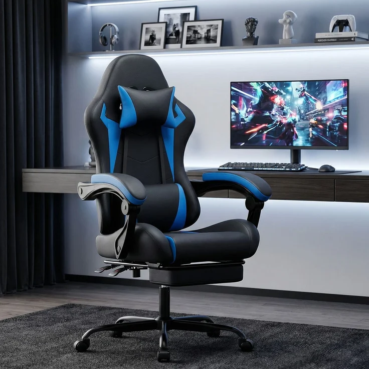 Faumrta Gaming Stuhl Ergonomisch Gaming Chair mit Lendenkissen und Kopfstütze, Gamer Stuhl H?henverstellbar, Pc Stuhl für Erwachsene M?dchen Junge,SchwarzblauPVC58.5cm*63cm*120.5cmBlack+Blue – Bild 5