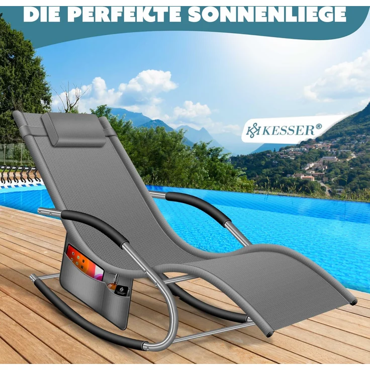KESSER® Sonnenliege Relaxliege Schwungliege | Gartenliege | Gartenstuhl | Klappstuhl faltbar | Liegestuhl | Schaukelsessel | ergonomische Relaxsessel | wetterfest | 150 kg Belastung | Grau – Bild 7