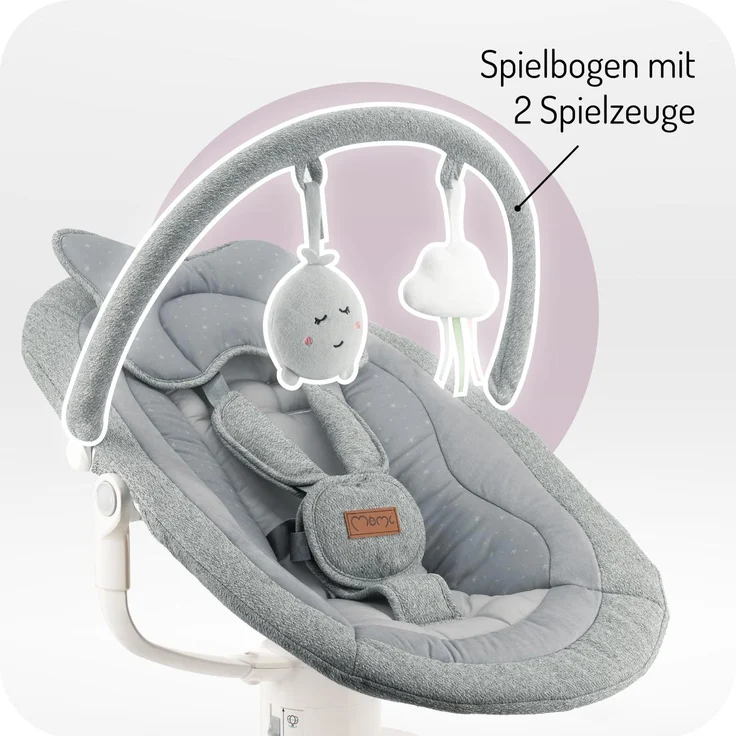 MoMi Babywippe PEARL für Babys bis 9 kg, 360° drehbarer Sitz, LED-Panel, Bluetooth, Fernbedienung, Batterie- oder Netzbetrieb, Netzteil mit USB-Kabel, 5-Punkt-Sicherheitsgurt, Bügel und Spielzeug – Bild 6