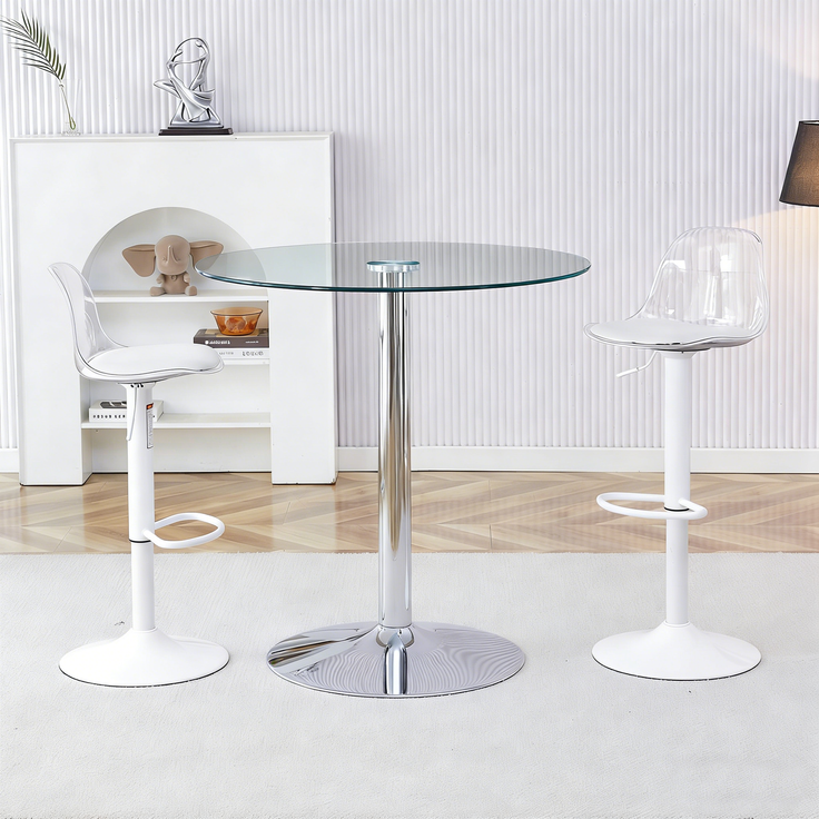 Flexibles Bar-Set: 89 cm Glastisch + 2 Hocker mit weißen Beinen, höhenverstellbar & drehbar, • Transparente Optik • 360°-Drehung • Vielseitig nutzbar, Schafft visuelle Weite und spart Platz.--Silber, Transparent, Weiß--51x49.5x50cm--YOUDENOVA