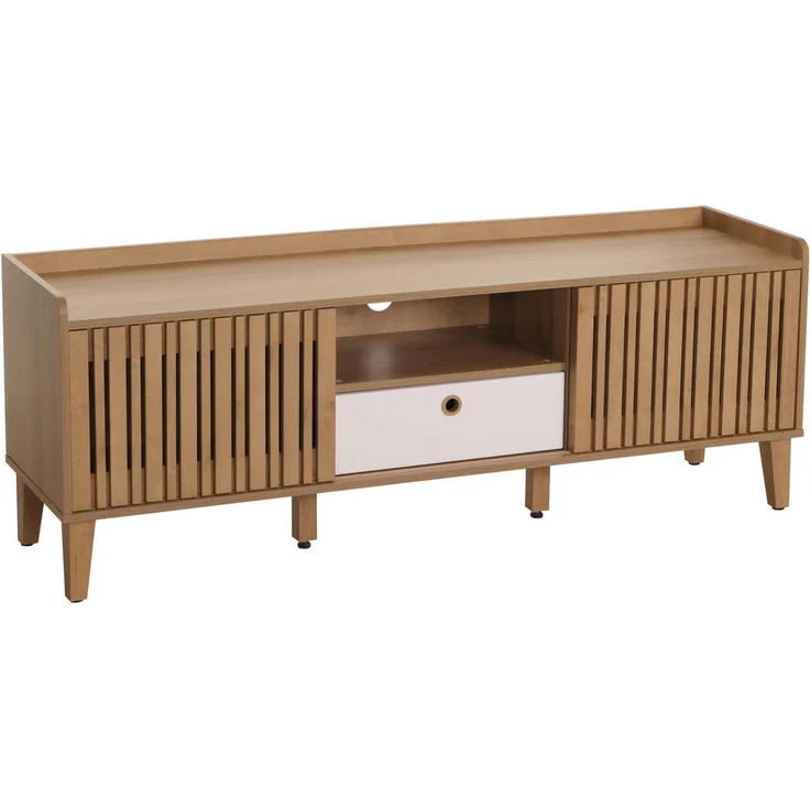 MCW TV-Rack M48, Braun, Holz, 150x56x40 cm, mit 2 Schiebetüren, 3 Ablagefächern und verstellbaren Füßen
