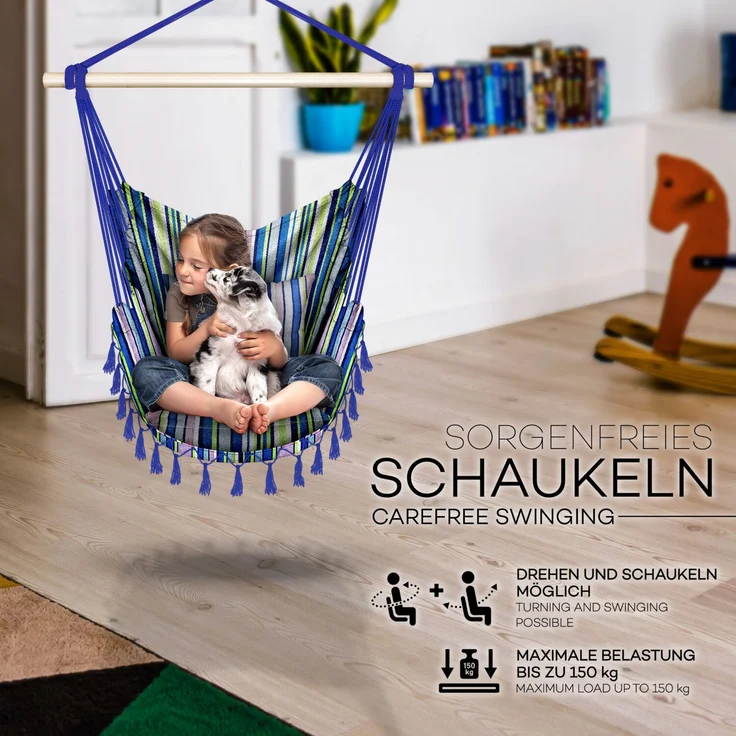 tillvex Hängesessel Bunt 2 Kissen zum Aufhängen | Hängestuhl mit Getränkehalter & Bücherfach | Hängesitz wetterfest - Indoor & Outdoor | Hängekorb mit Tragetasche für Erwachsene & Kinder – Bild 3