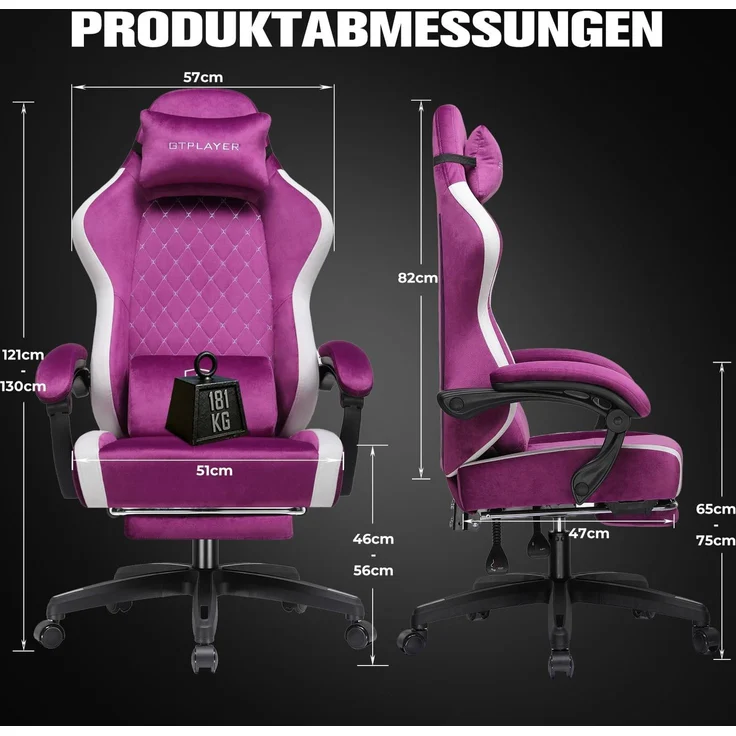 GTPLAYER Gaming Stuhl Ergonomischer, PC Stuhl Atmungsaktiver Stoff, Groß und Hoch Drehbarer Schreibtischstuhl mit Fußstütze,Verstellbare Lendenwirbelstütze und Kopfstütze,Lila – Bild 3