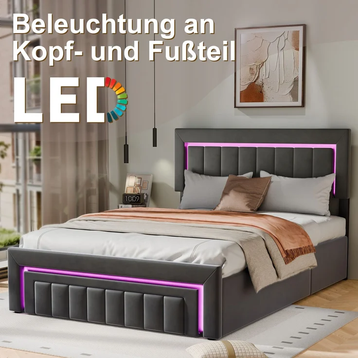 Polsterbett aus Velours mit LED, hydraulischem Stauraum & Schublade, ohne Matratze, 140x200 cm, Anthrazit/Grau – Bild 7