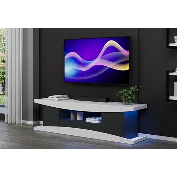 trendteam smart living - Level Up - TV-Schrank - Weiß/Schwarz - Gaming-Lowboard passend für z.B. PlayStation 5 - (BxHxT) 180 x 52 x 42 cm - mit LED-Spot BLAU, 4er-Set – Bild 2