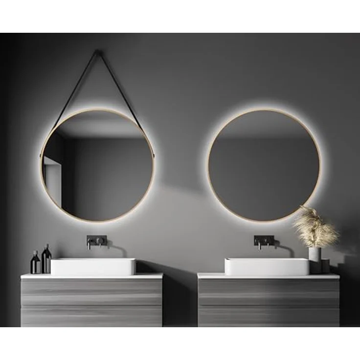 Talos Golden Light Spiegel, runder Wandspiegel Ø 80 cm mit mattem Aluminiumrahmen und indirekter LED-Beleuchtung – Bild 1