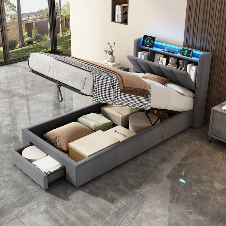 STILVORA Polsterbett 90×200 mit bettkasten,Bettgestelle Boxspringbett mit USB & LED-Licht (Funktionsbett mit Fernbedienung, Gepolsterter Rand, Samtstoff, Metallrahmen, Kompfort, Grau), Jugendbett ohne matratze, Stauraumbett für verschiedene Raumstile – Bild 5