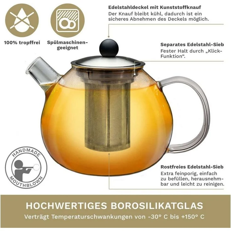 Creano Teekanne Creano Teekanne mit Siebeinsatz aus Glas 1,6l - Glasteekanne mit Edels, 1x Glasteekanne – Bild 2