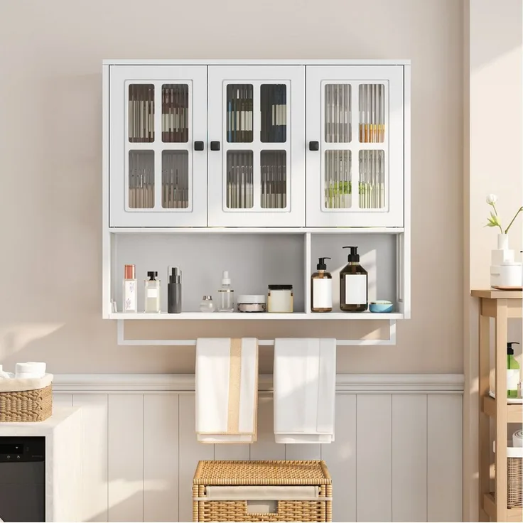 STILVORA Hängeschrank mit Glastür&Handtuchhalter,Wandschrank Badezimmerschrank mit Stauraum