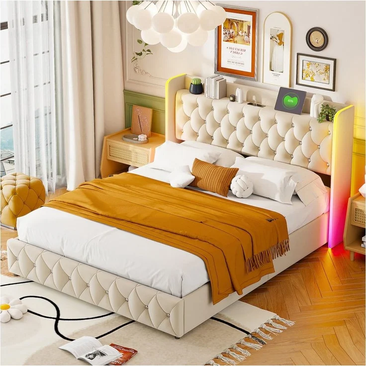 FUROKOY Stauraumbett Hydraulisches Funktionsbett (1-tlg, Polsterbett Doppelbett 160x200 cm mit Kopfteil und Ladeanschluss), Vintage-Knopfdesign, Ohne Matratze, Samt, Beige – Bild 1