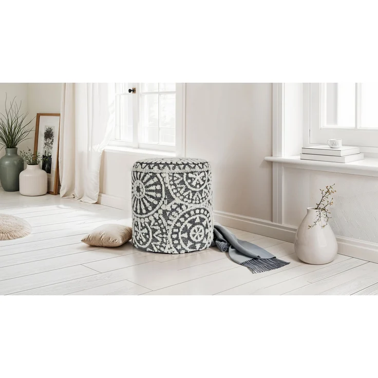 Sitzhocker rund Ø40x45cm Wolle Grau-Creme mit Stauraum Boho Design – Bild 2