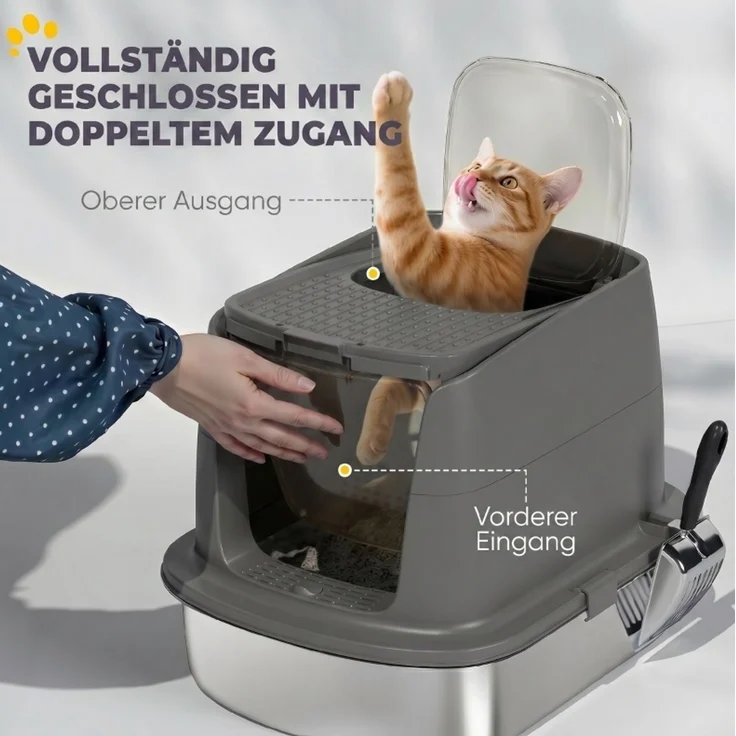 Katzentoilette aus Edelstahl mit abnehmbarem Deckel, Schaufel und Deobeutel, 52,4x41,3x39,8 cm, Dunkelgrau – Bild 5