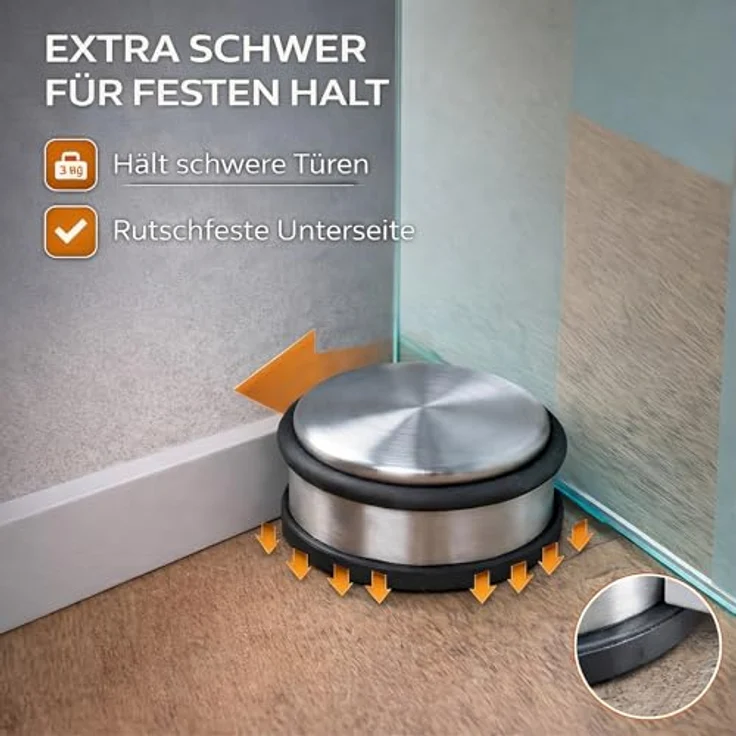 HRB Türstopper 4er Set, Edelstahl massiv - Schwerer Türstopper Boden 1,2 Kg/Stk, Door Stopper im modernen Design versehen mit Gummiring zum Schutz der Türen – Bild 7