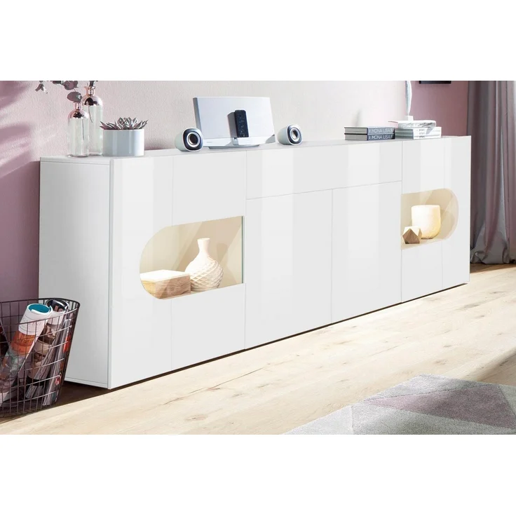INOSIGN Sideboard Real,Vitrine,Kommode,Schrank,komplett hochglanz lackiert, mit 4 Türen davon 2 Glastüren und 1 Schublade ohne Griff Breite 220cm – Bild 2