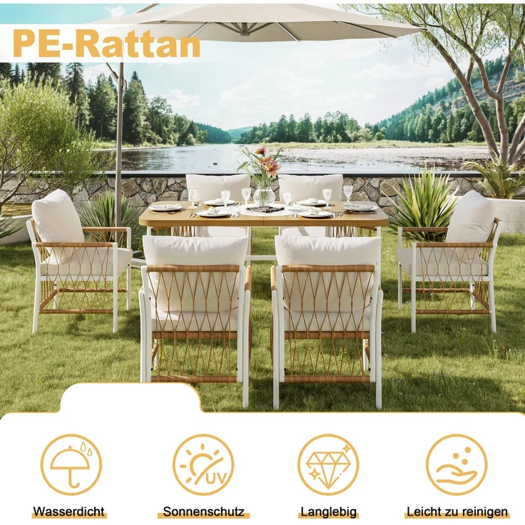 Gartenmöbel-Set mit 6 Stühlen, Tisch in Holzoptik, 159,5x77,5x75 cm, Beige/Braun/Natur – Bild 7