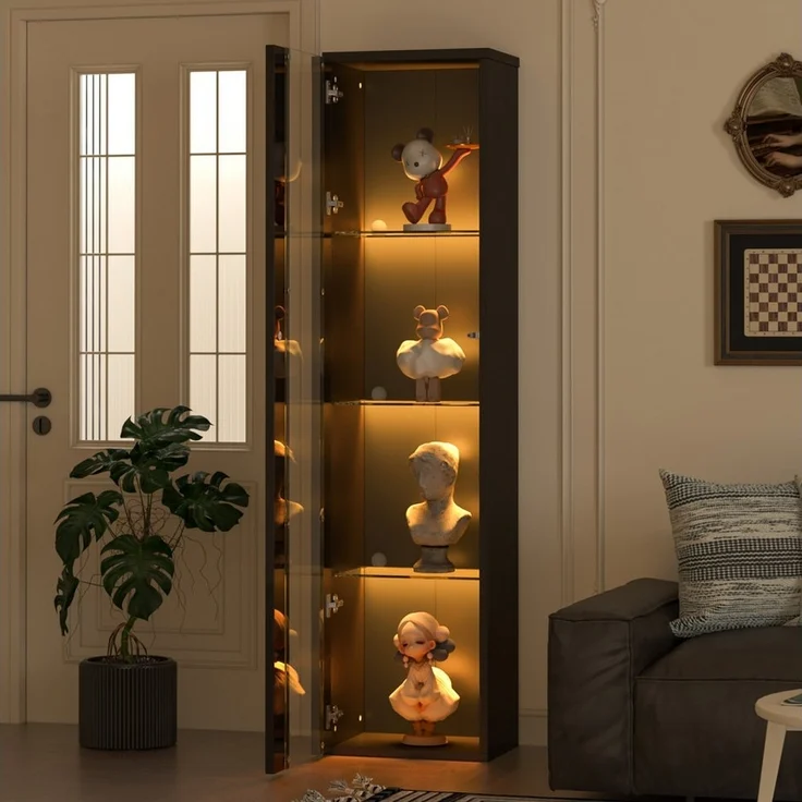 STILVORA Vitrine Hochschrank mit Glastrennwand&LED,Highboard mit Acrylplatte,Schwarz (Multifunktionale Glasvitrine 40 x 29 x 170 cm mit LED-Farbwechsellicht, Fernbedienung/App-Steuerung, Glastrennwand und Acrylplatte, 1-St, 1er Set) LED-Farbwechsellicht – Bild 1
