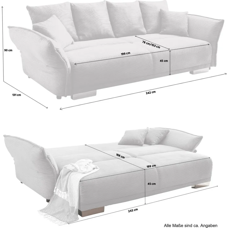 Big-Sofa 242x131 cm Gästebett Federkern Schlafcouch Stauraum Cord Gold Ockergelb – Bild 8