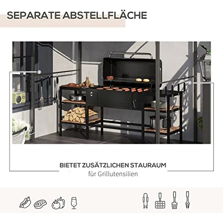 Outsunny Grillpavillon 215 x 150 x 220 cm, wasserabweisend mit gebogendem Dach, inkl. 10 Haken, beige – Bild 4